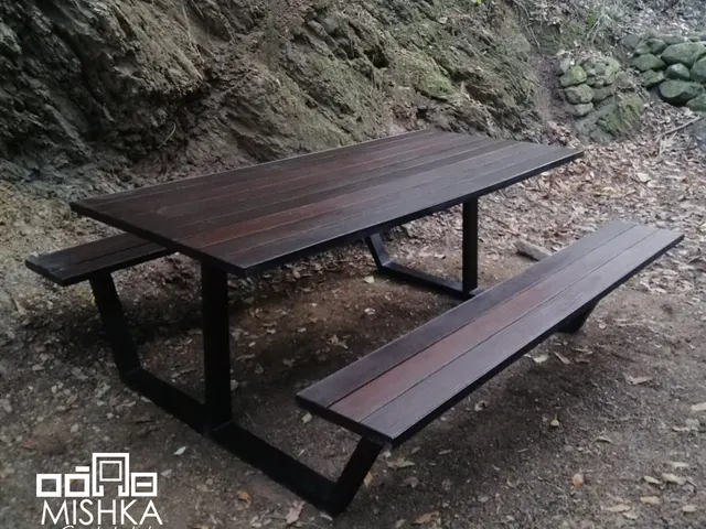 Mesa tipo picnic con dos bancas unidas a la estructura, en un terreno con árboles