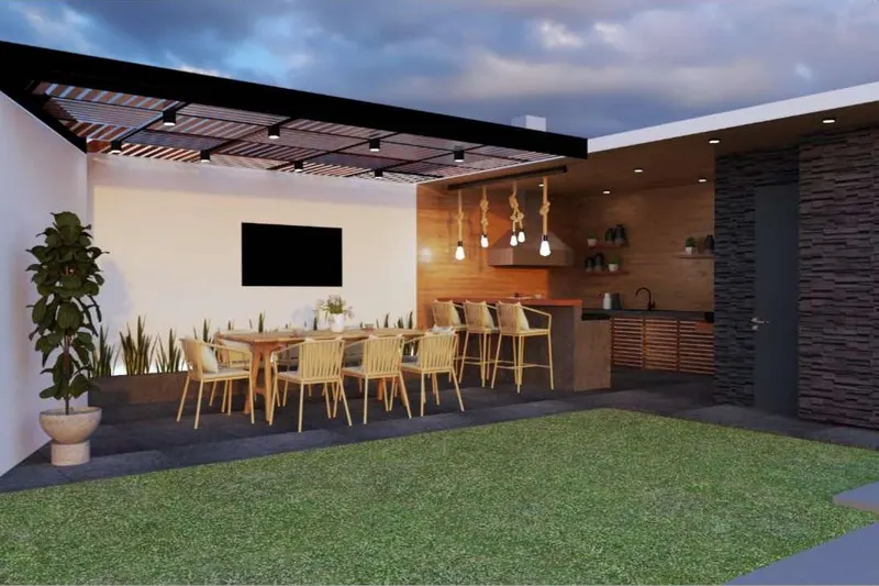 Render de un patio con pérgola, cocina exterior y barra, con un comedor de sillas de tono claro